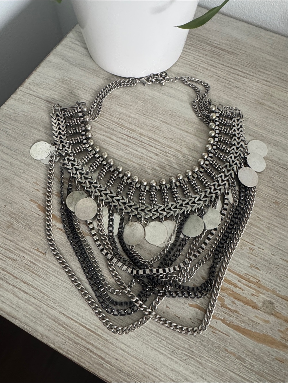 Silver Multi-Chain Statement Necklace with Coin Accents